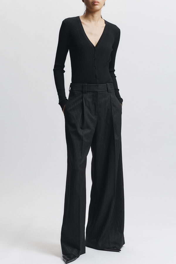 Tiffany Mid-Waisted Wideleg Trouser, Charcoal Pinstripe