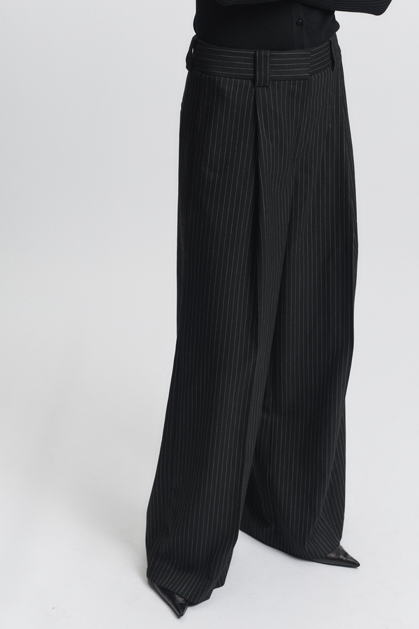 Tiffany Mid-Waisted Wideleg Trouser, Charcoal Pinstripe