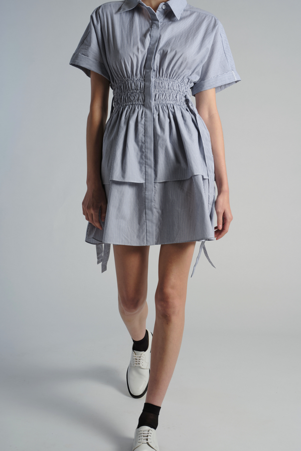 Vivienne Ruched Dress, Navy Pinstripe