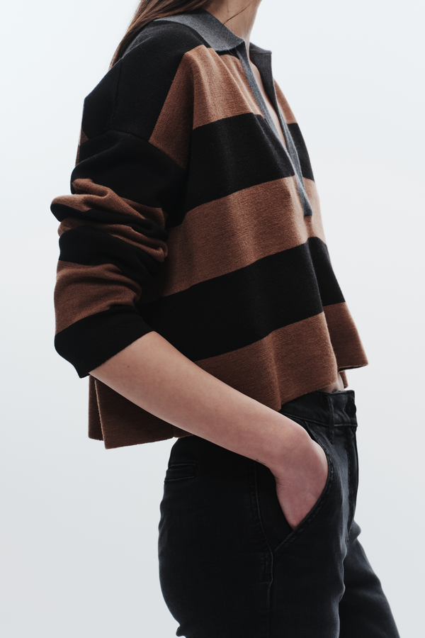 Samira Striped Knit Polo, Black/Brown