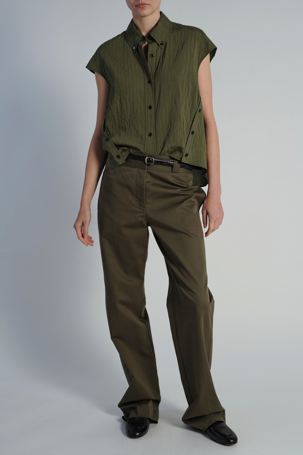 Perth Cap Sleeve Button Blouse, Olive Pinstripe