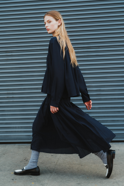 [LOW CLASSIC] / ☆ 24SS LONG PLEATED SKIRT / NAVY Pleated Skirt with Elastic Waist [TX045-34-8-NAVY] - FlynnO