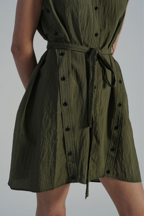 Talma Cap Sleeve Button Dress, Olive Pinstripe