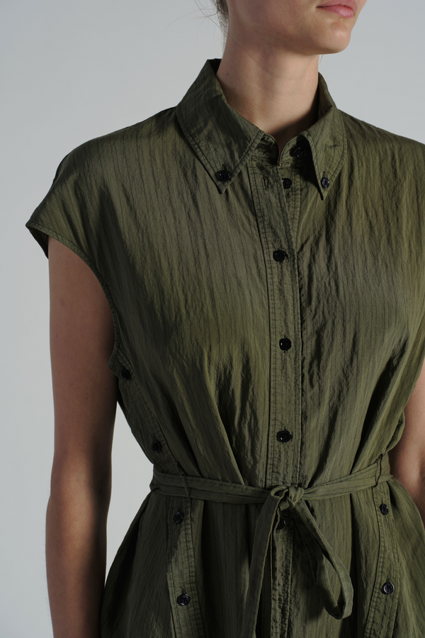 Talma Cap Sleeve Button Dress, Olive Pinstripe