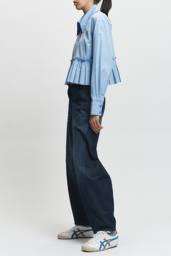 Mila Ruched Poplin Blouse, Blue Chambray