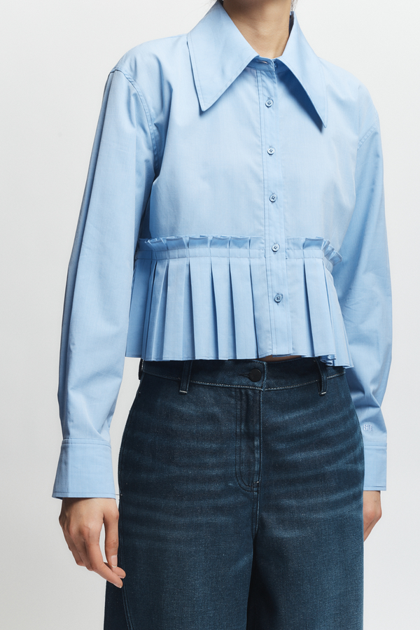 Mila Ruched Poplin Blouse, Blue Chambray