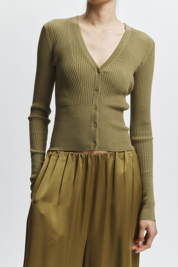 Braylon Rib Cardigan Sweater, Chartreuse