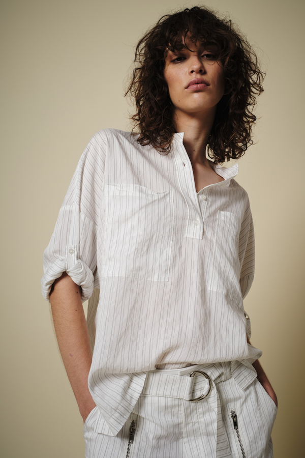 Marina Long Sleeve Blouse, Off-White Pinstripe