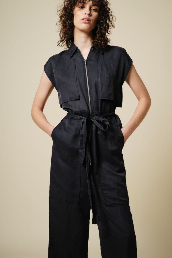 Maxine Short Sleeve Cargo Jumpsuit, Licorice Black
