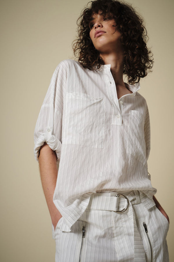 Marina Long Sleeve Blouse, Off-White Pinstripe
