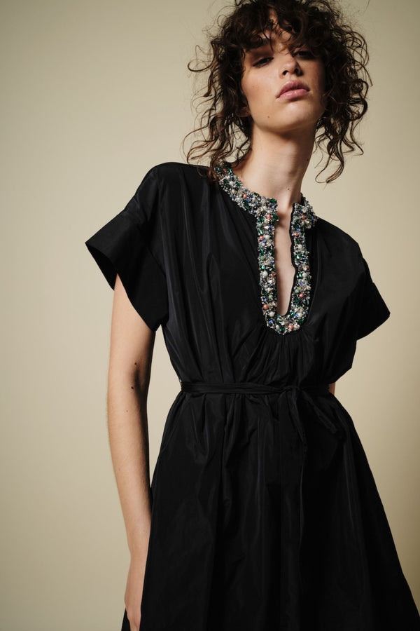 Diana Taffeta Mini Dress with Beaded Jewel Neckline, Black/Multi