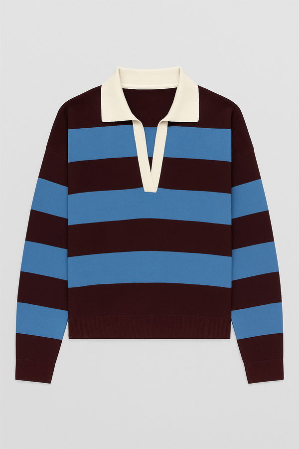 Samira Striped Knit Polo, Burgundy/Blue