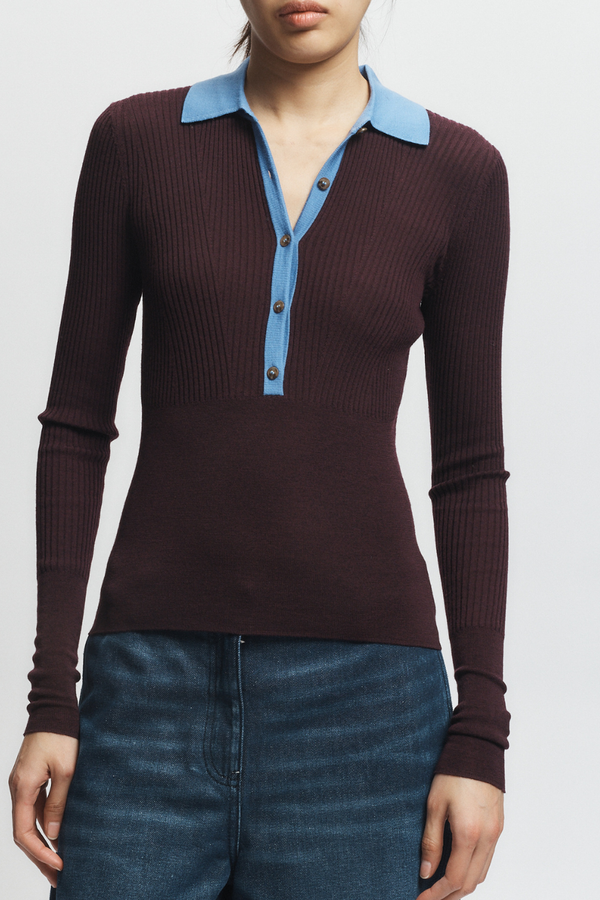 Cillian Rib Polo Sweater, Burgundy/Wedgewood