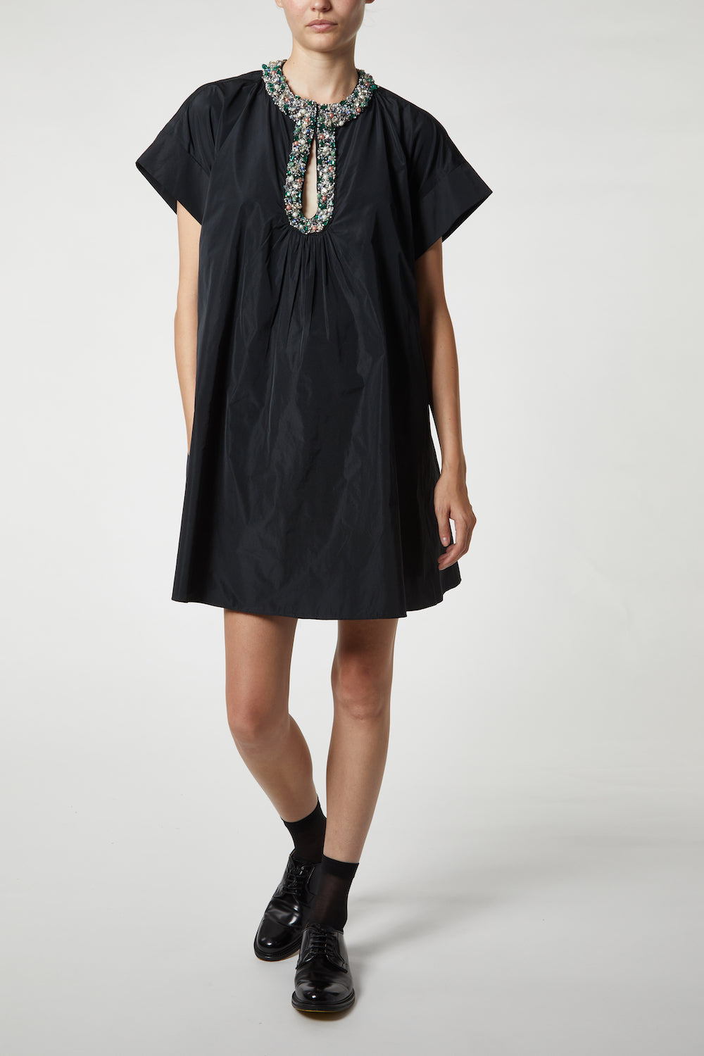 Diana Taffeta Mini Dress with Beaded Jewel Neckline, Black Diana Taffeta Mini Dress with Beaded Jewel Neckline, Black