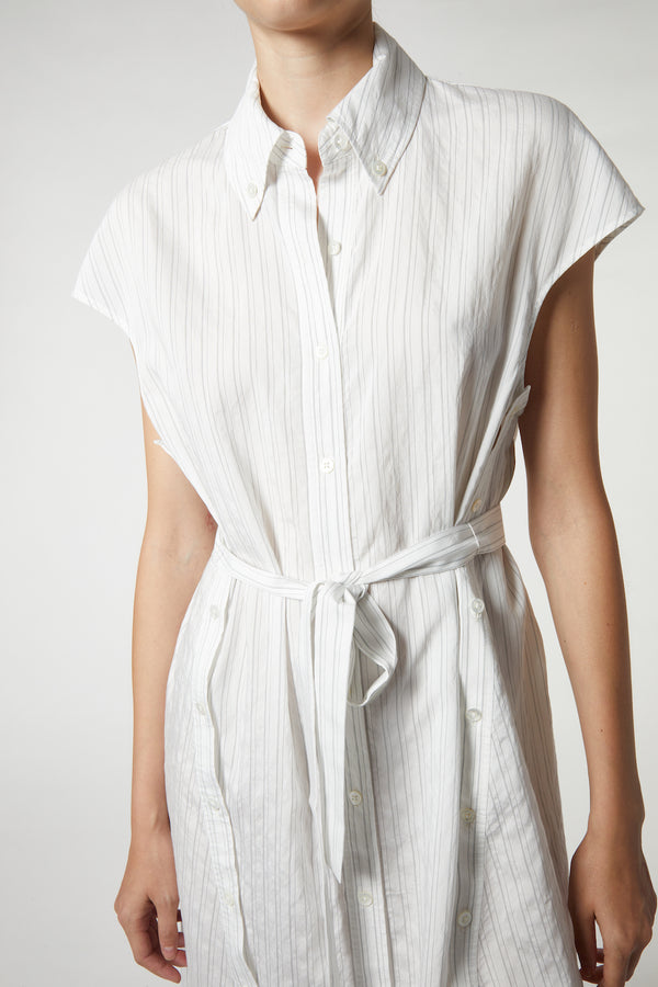 Talma Cap Sleeve Button Dress, Off-White Pinstripe