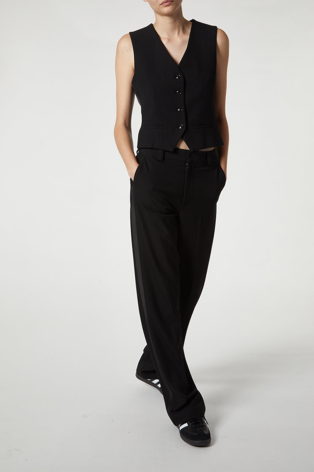 Women's Black, Pleated Front, Comfort-Waist Tuxedo Pants with Satin St -  99tux
