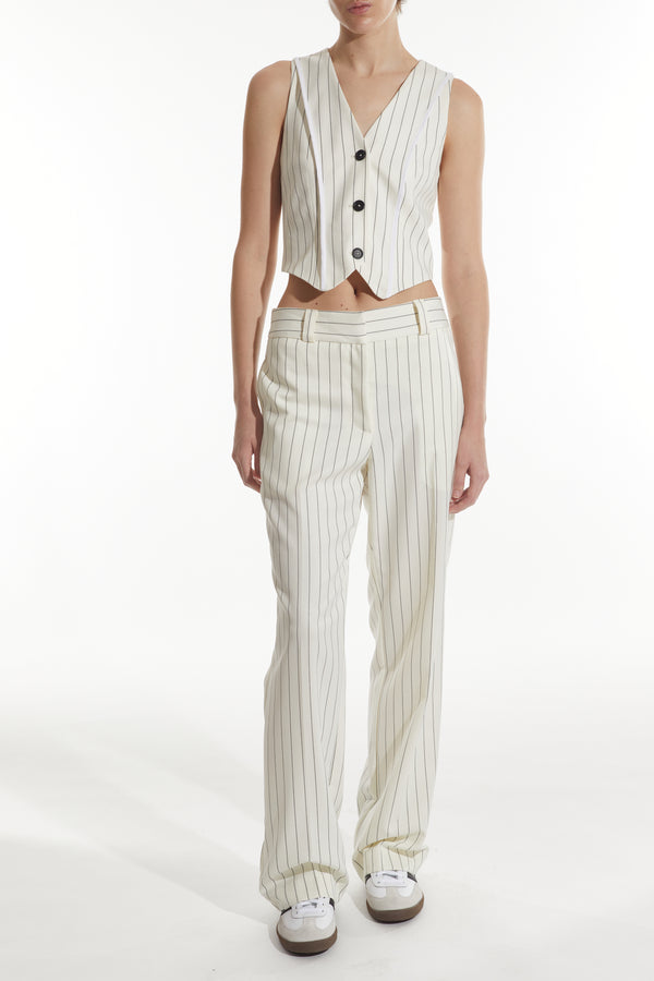 Lucy Mid-Rise Relaxed Fit Trouser, White Pinstripe