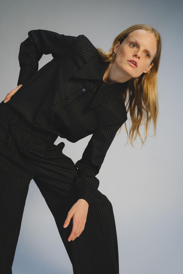 Alessandra Tailored Blouse, Charcoal Pinstripe