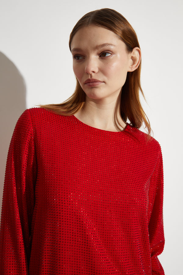Bronte Long-Sleeve Mini Dress, Ruby Red Stone