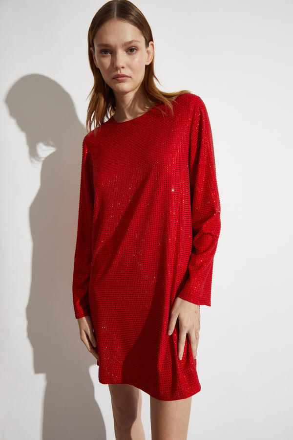 Bronte Long-Sleeve Mini Dress, Ruby Red Stone